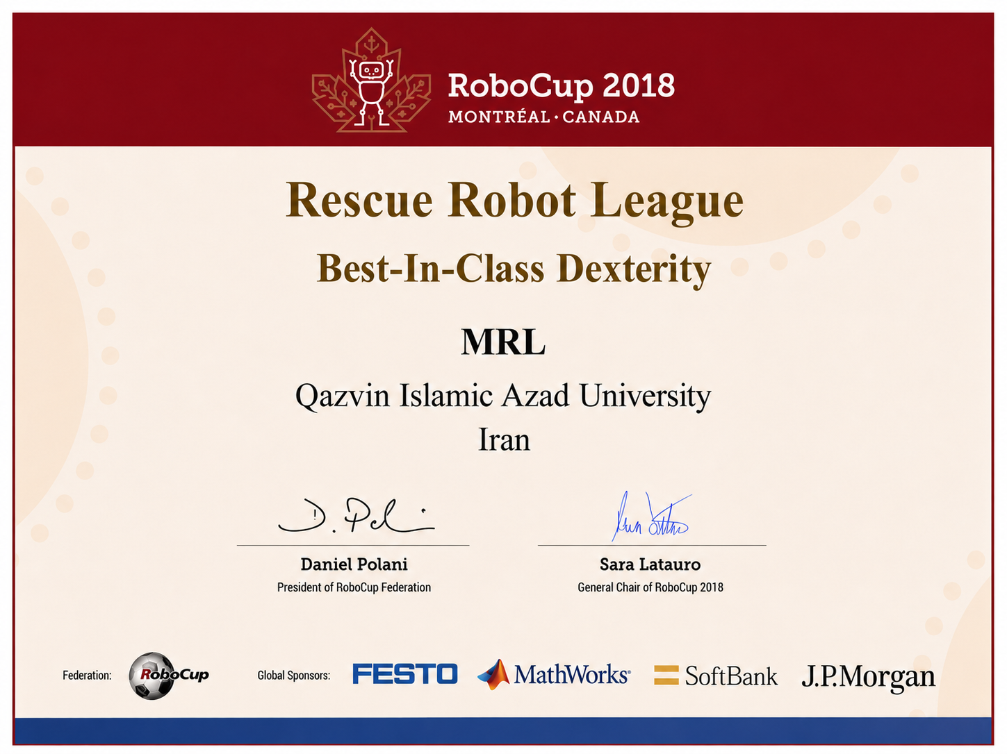 RoboCup 2018 Best-in-Class Dexterity certificate awarded to Team MRL