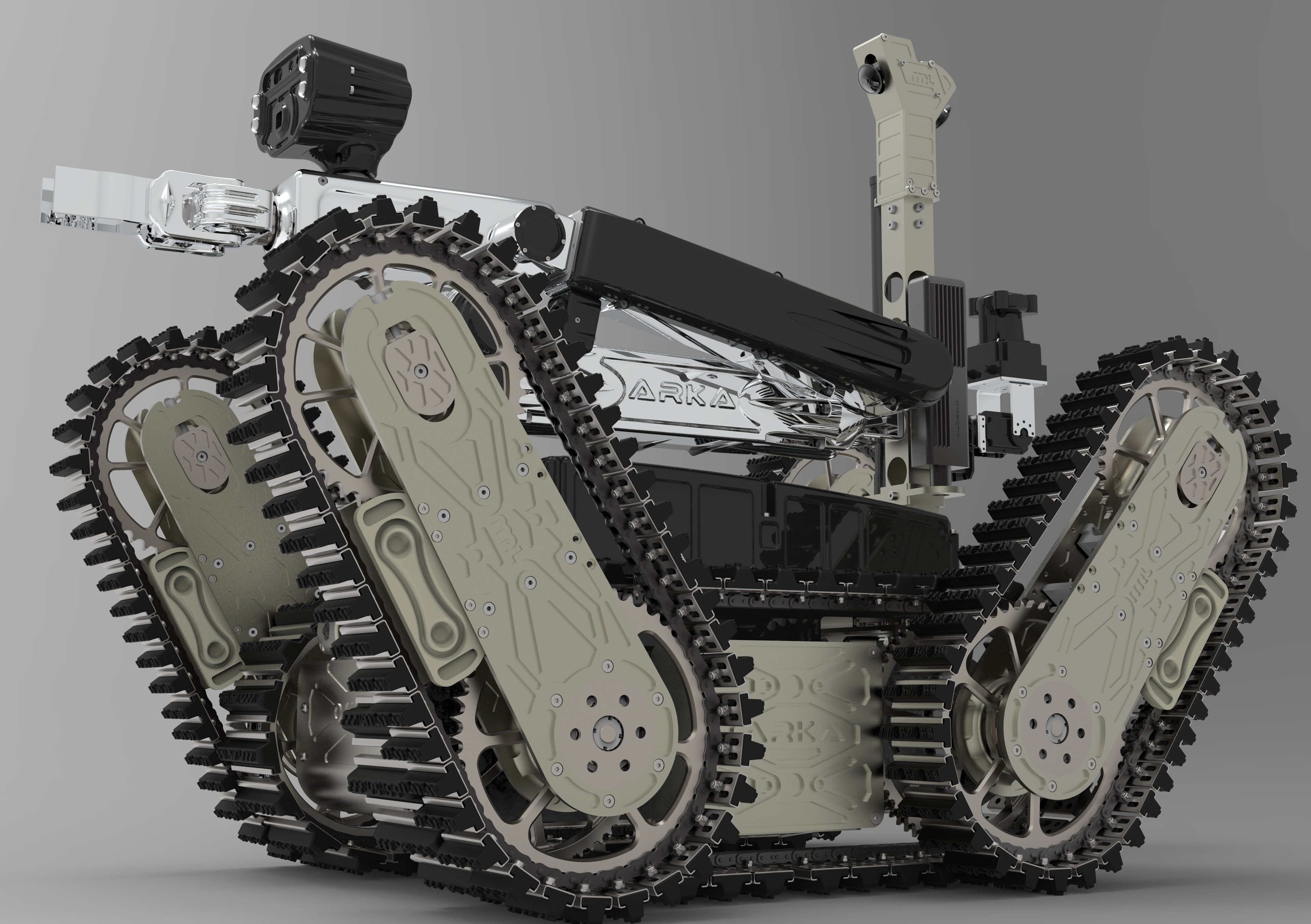 ARKA tracked RoboCup Rescue robot with articulated flippers, manipulator, and sensor mast